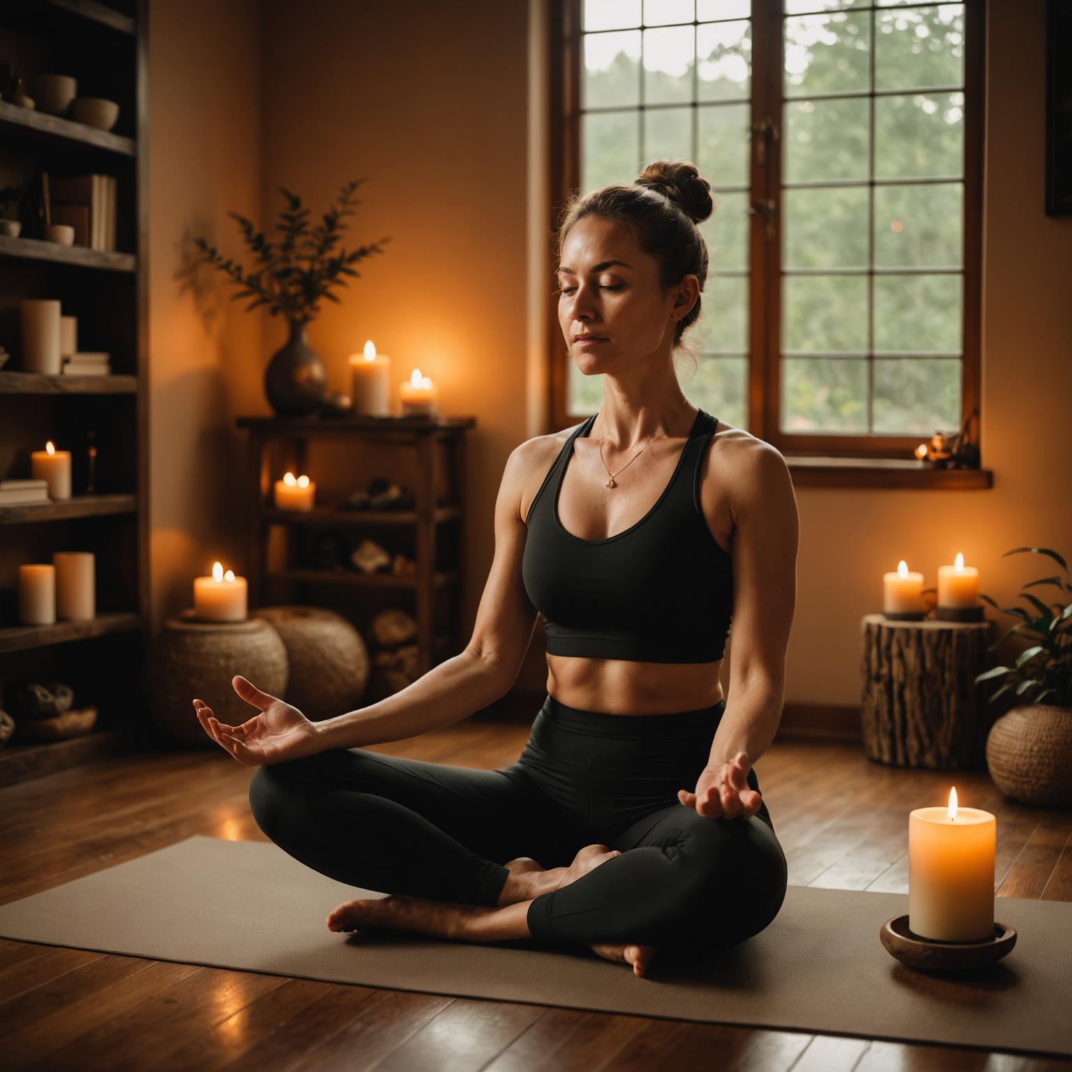 Practitioner in a supported yin yoga pose with bolster and blocks