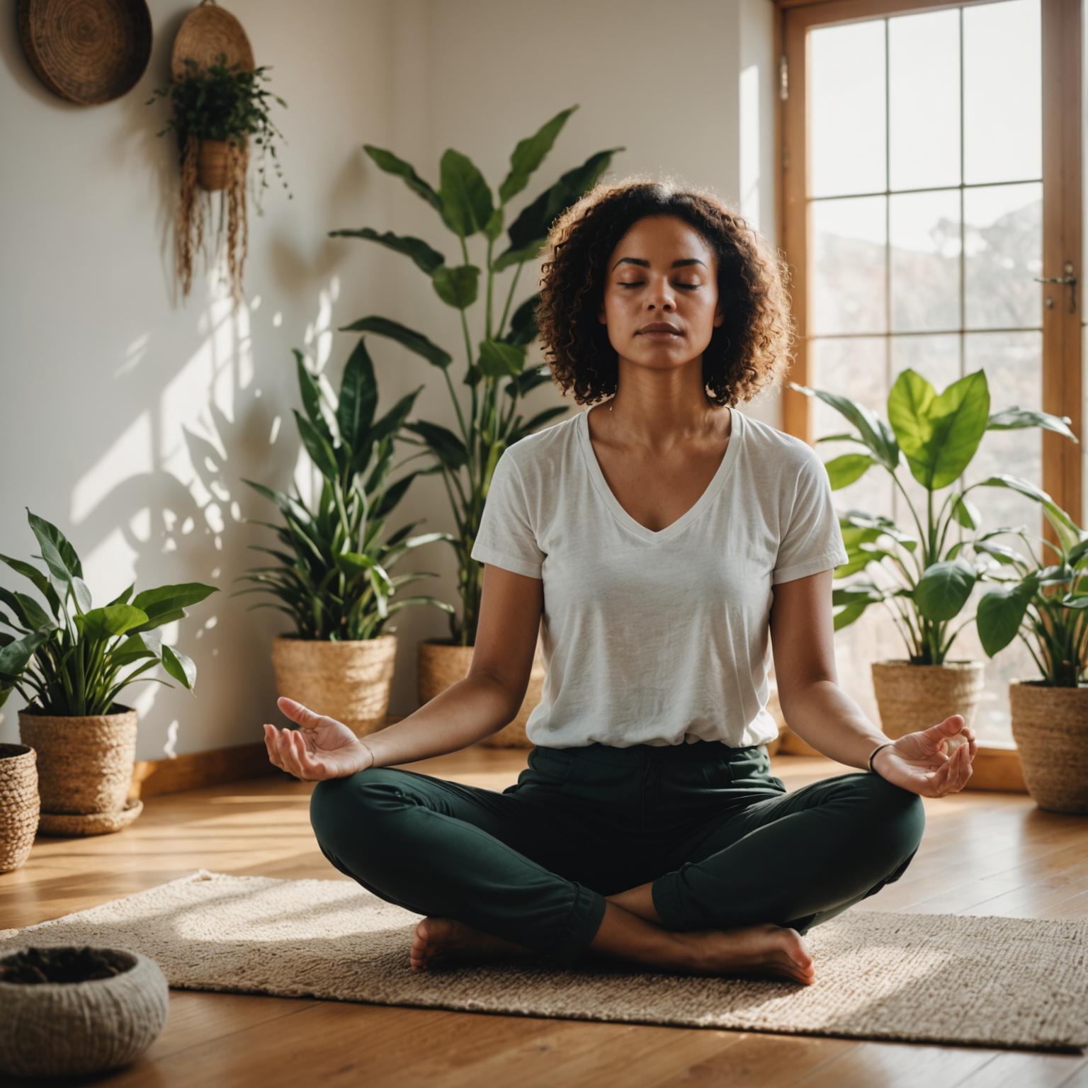 Person practising mindful breathing with eyes closed