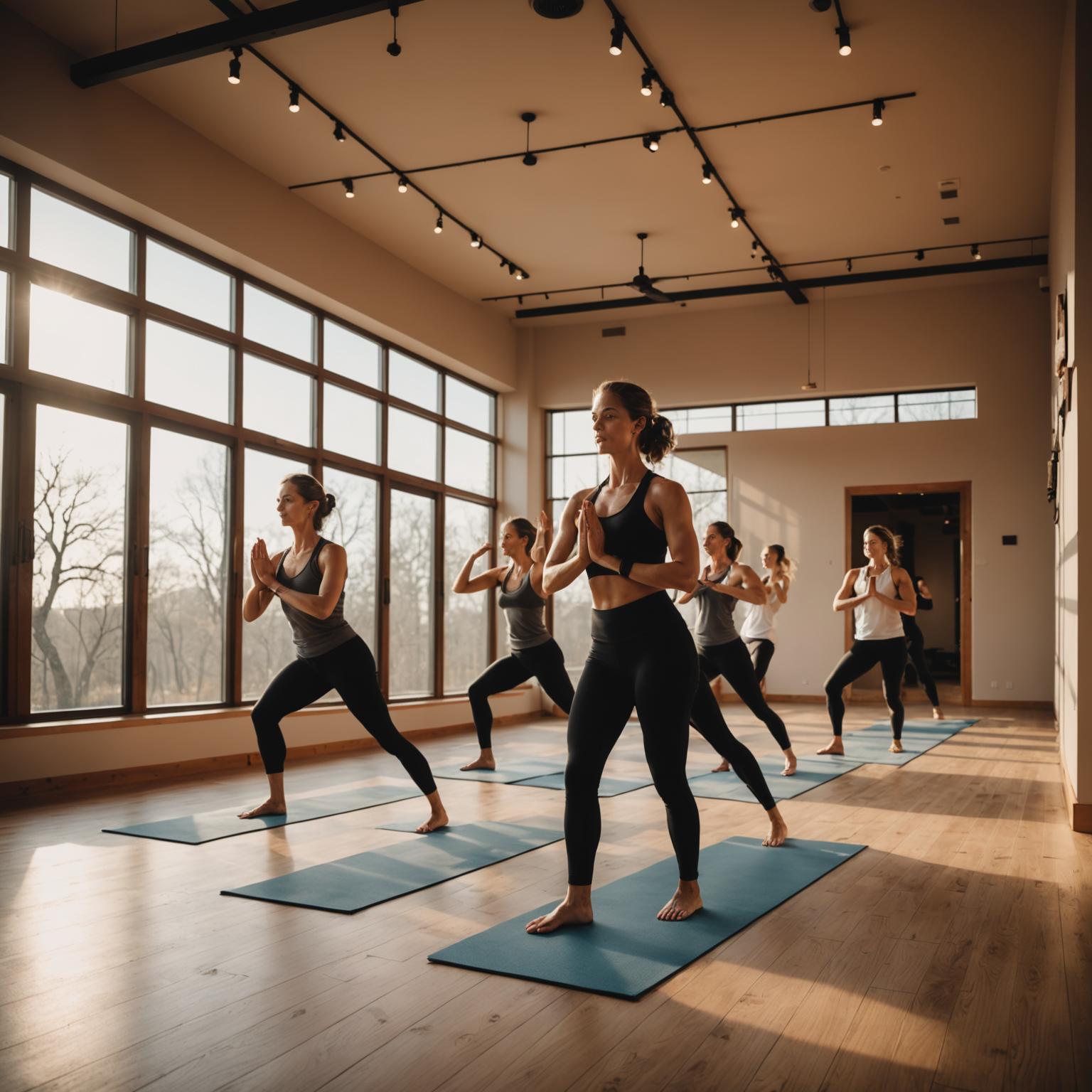 Yoga studio with warm lighting and practitioners in flow
