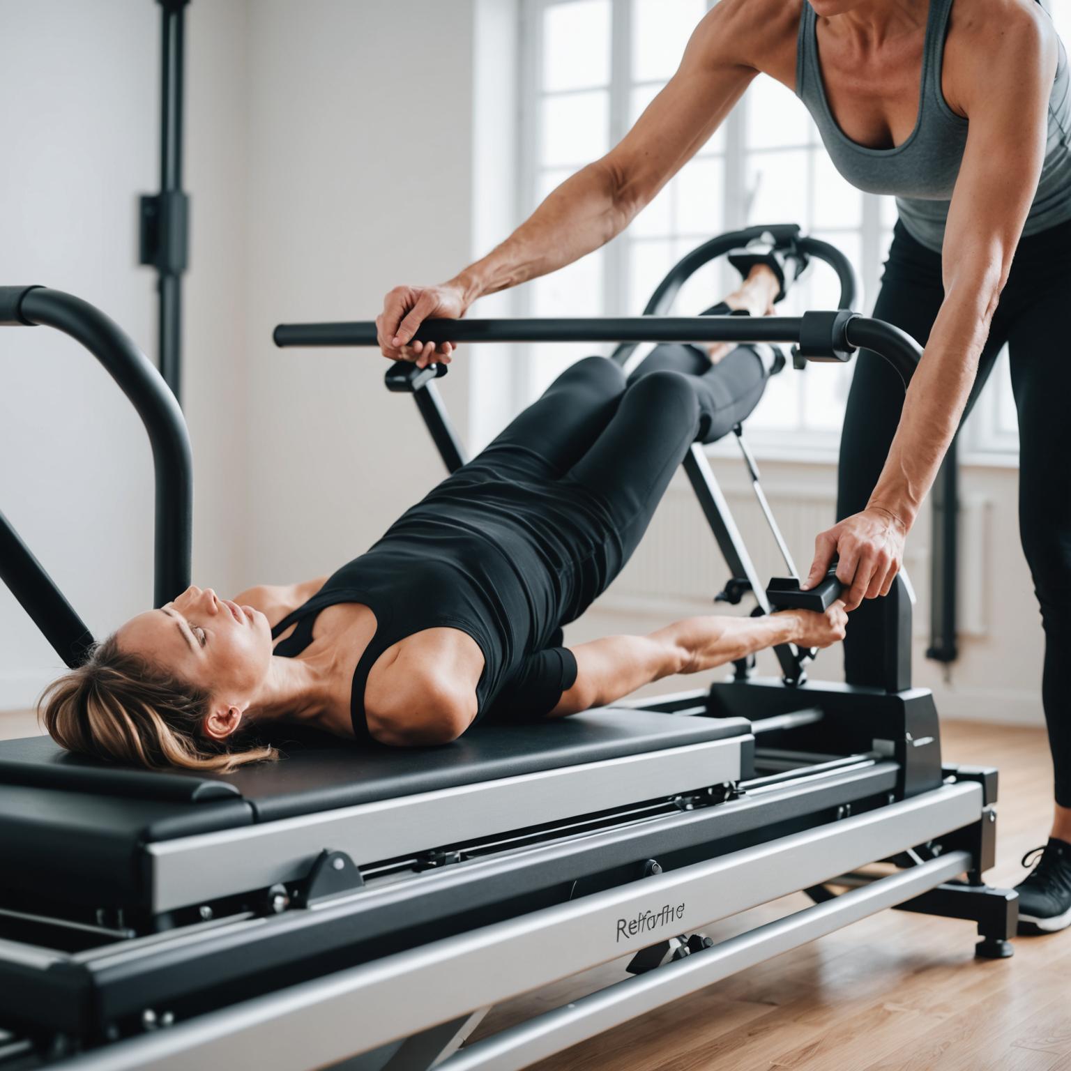 Reformer pilates studio with practitioners on spring-loaded carriages